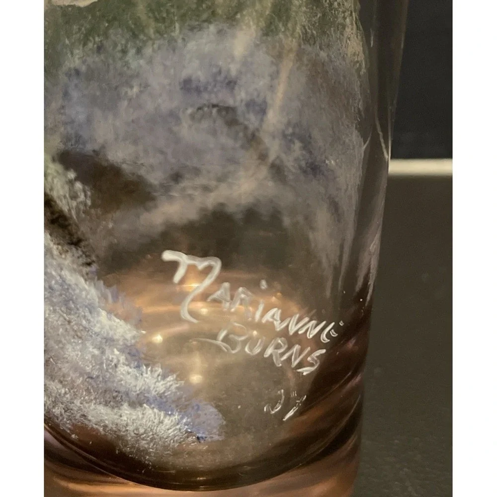 Hand Painted Lighthouse Ocean Signed Glass Bud Vase Nautical Beach 7.5